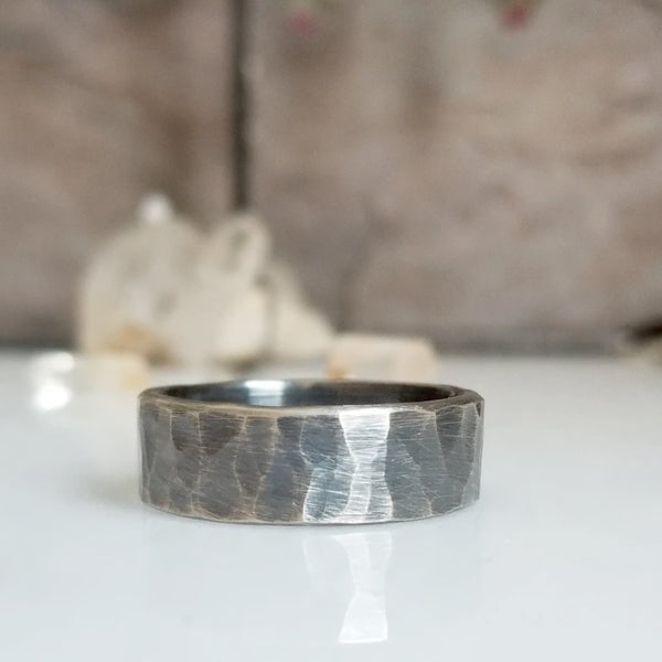 Silver Mens Wedding Band with Patina