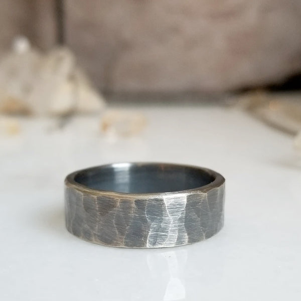 Silver Mens Wedding Band with Patina