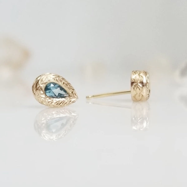 Swiss Blue Topaz Stud Earrings in hand engraved 14k Yellow Gold